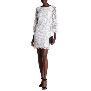 Eliza j Floral Lace Sheath Dress White Subtle Black Outline Bell Sleeve Size 2